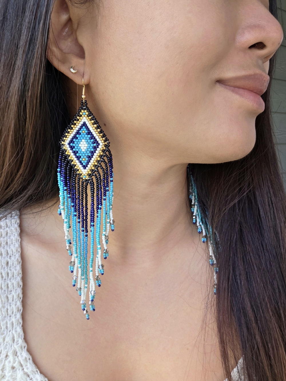 Royal Blue Dia Boho Fringe Beaded Earrings Handmade Jewelry Boheme Southwestern